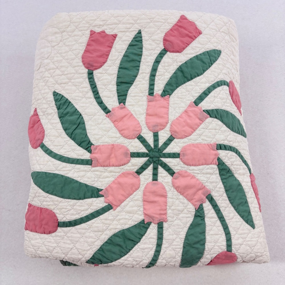 Handmade Tulip Quilt Vintage Pink Green White Floral Blanket 78" x 80" Granny